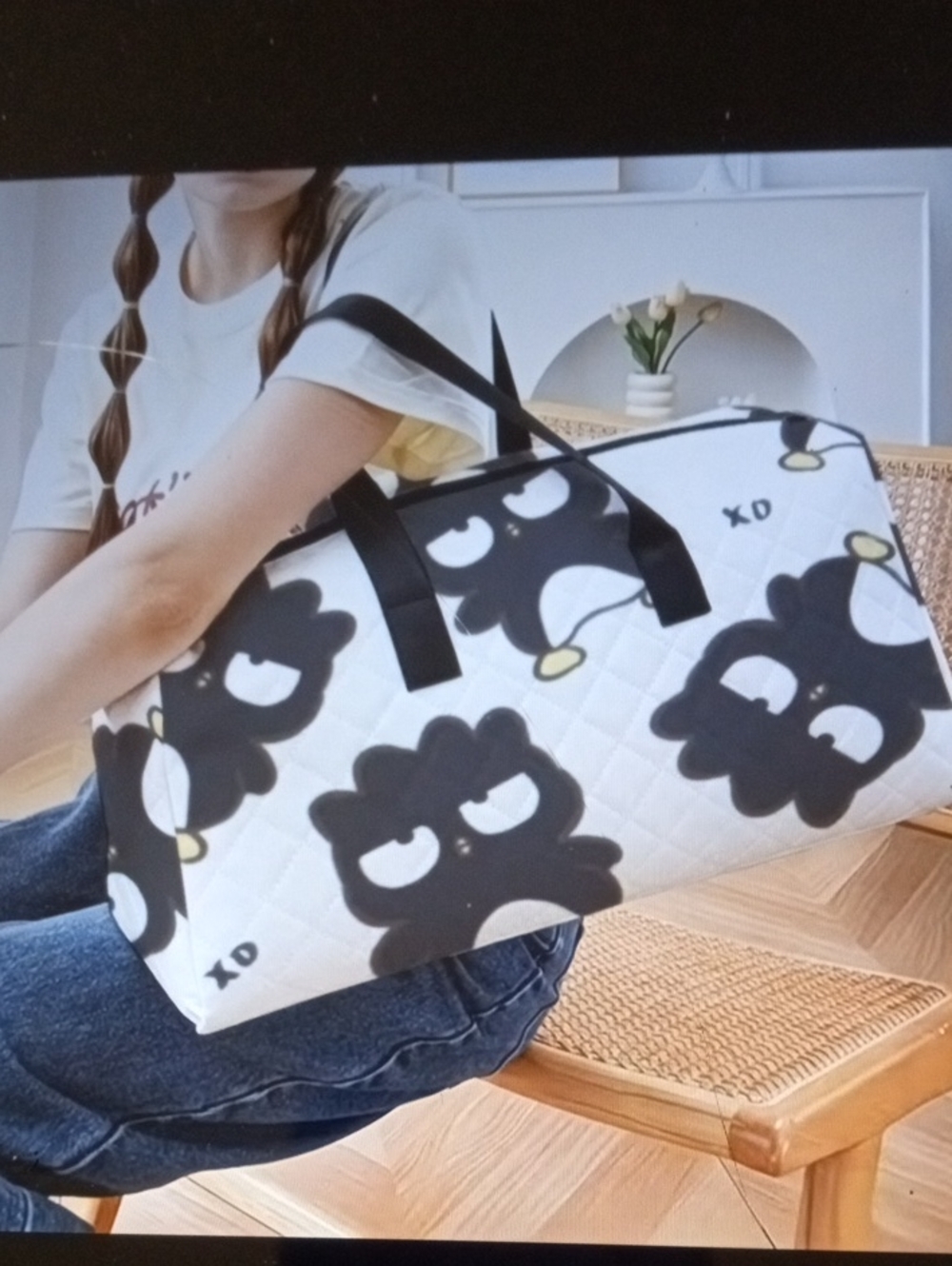 Quilted Badtz Hello Kitty Print Travel Duffle Bag - White & Black